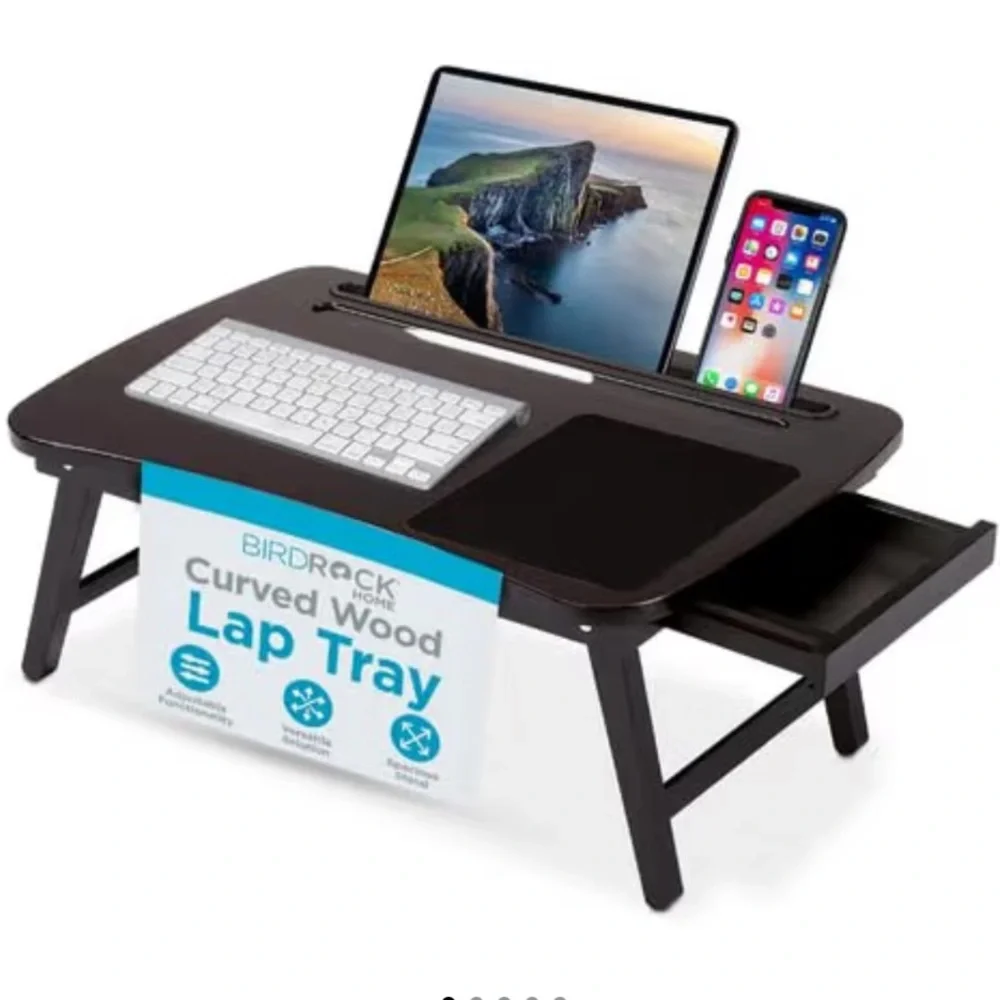 Birdrock Home Curved Wood Lap Tray with Foldout Legs, Storage drawer NWT Laptop